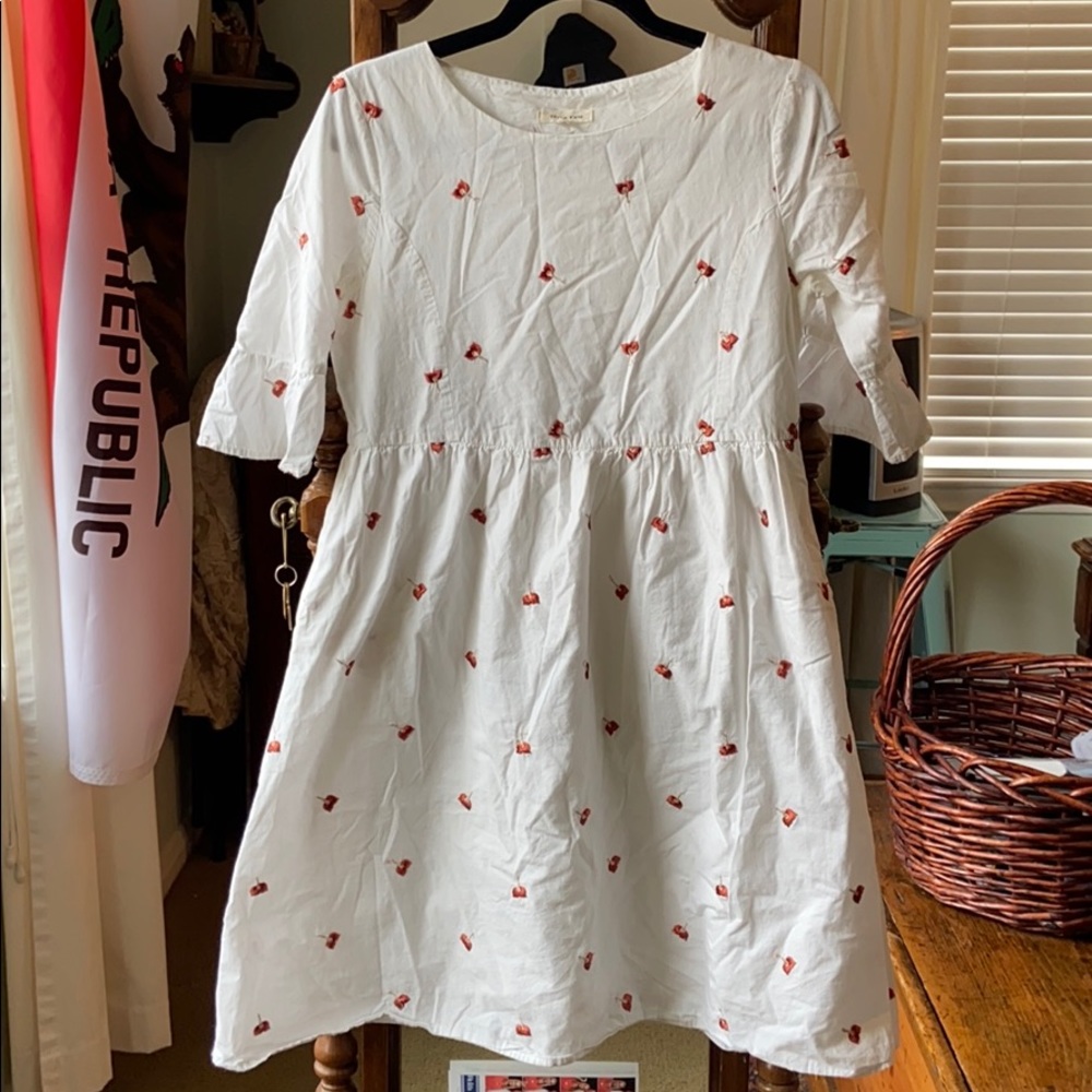 White midi dress with red embroidered flowers
